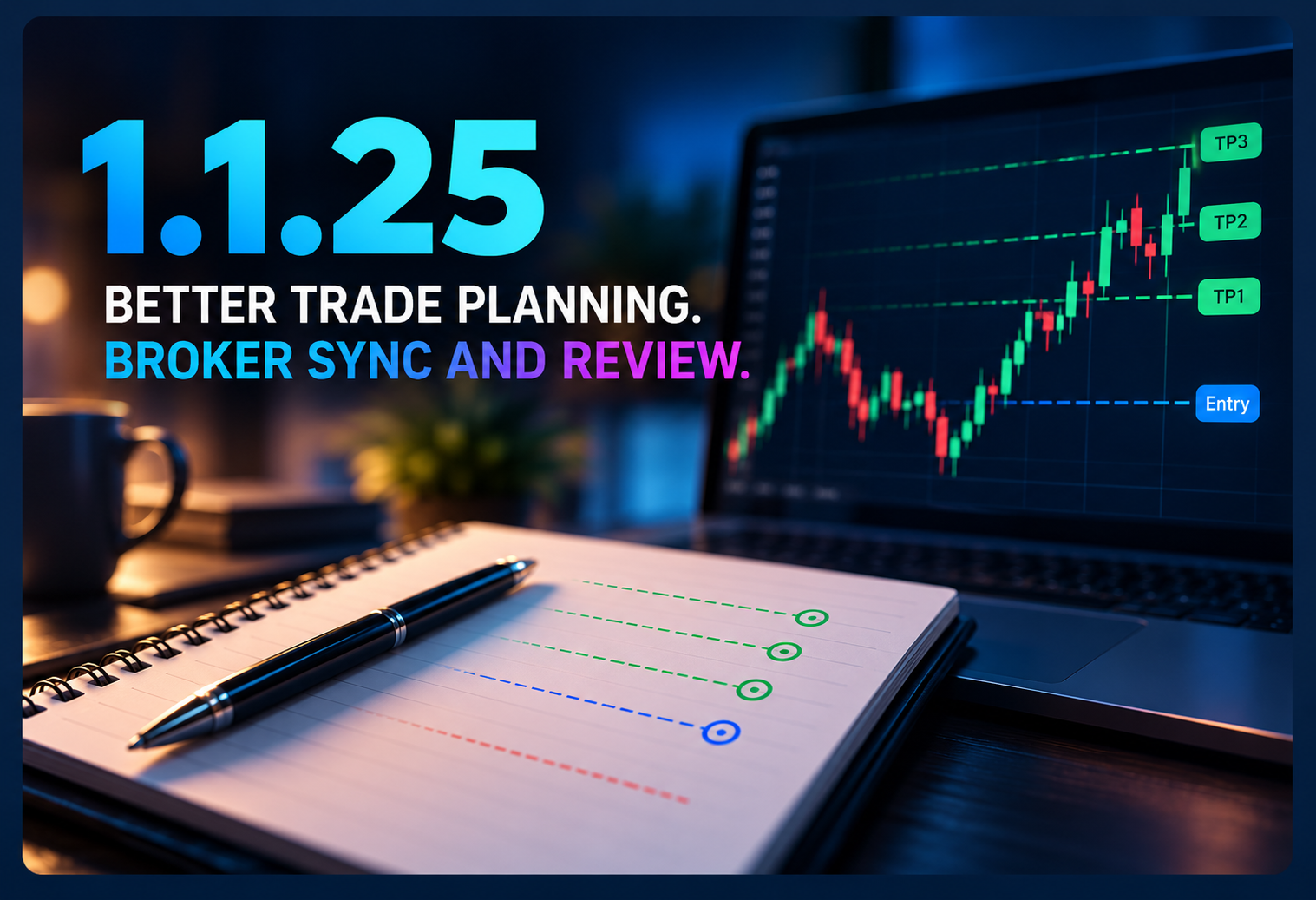 Forgalis TradingJournal 1.1.25 release graphic showing multiple planned targets with the headline Better Trade Planning, Broker Sync and Review