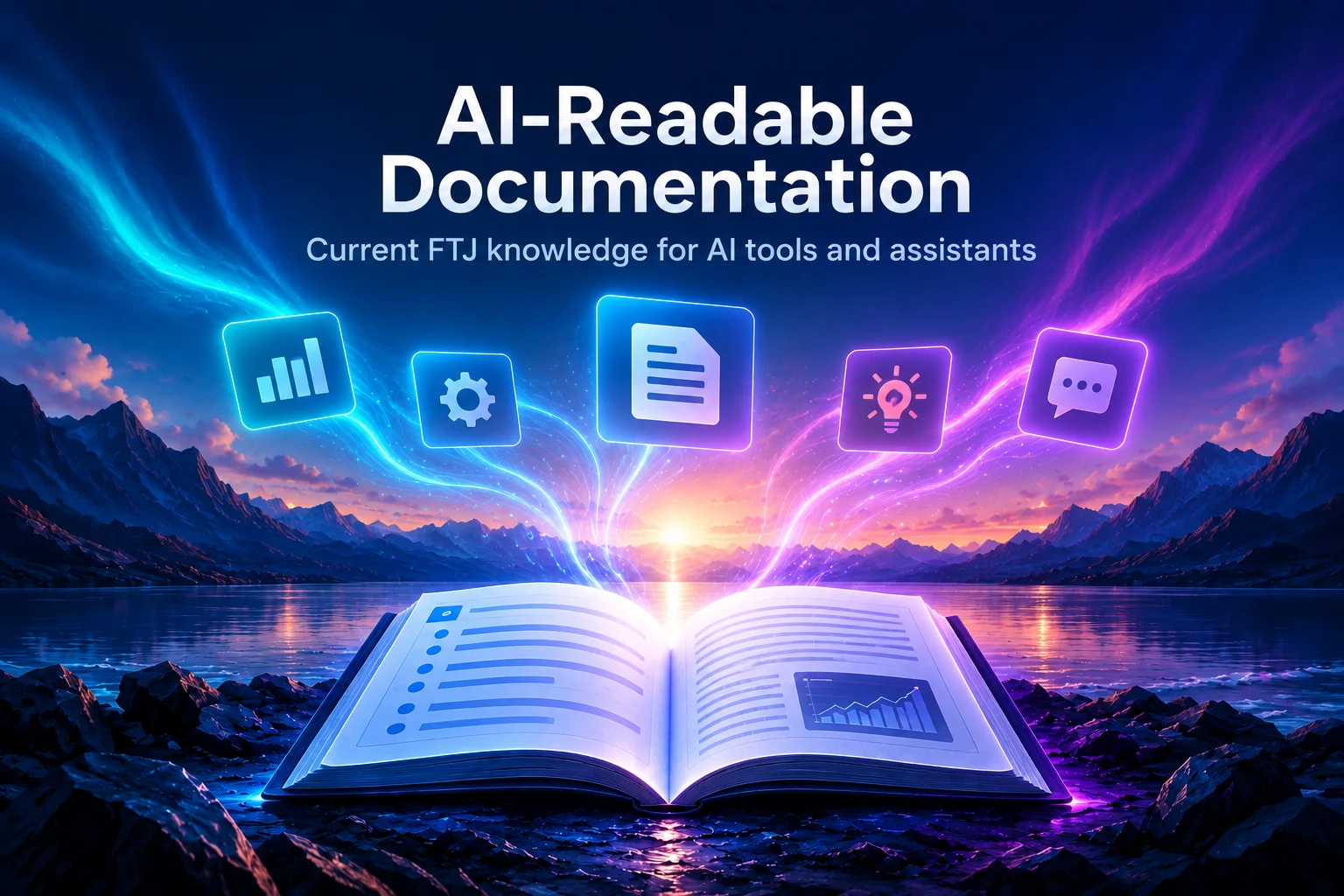 AI-readable FTJ documentation represented by a glowing open document and connected AI tools