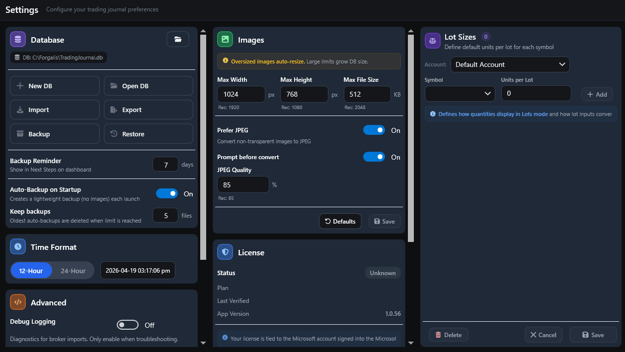 Settings view