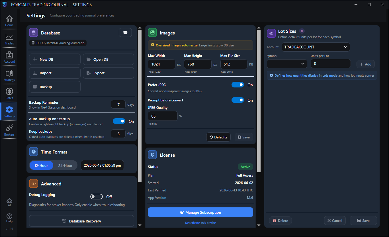 FTJ  Settings page